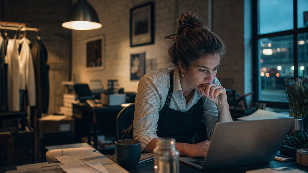 A small-business owner in an apron leaning over a laptop on a cluttered back-office desk late in the day, photographed in Cincinnati