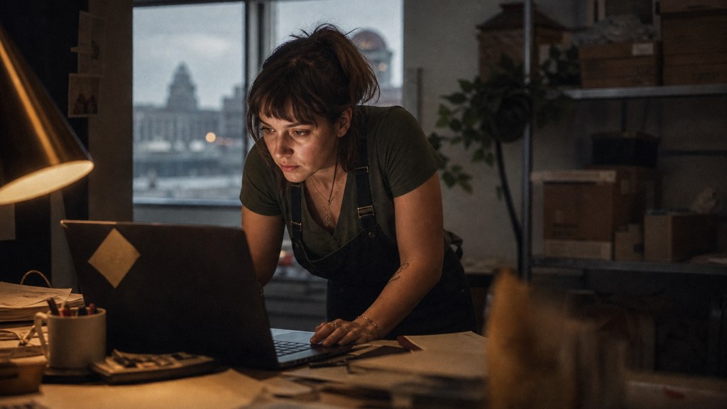 A small-business owner in an apron leaning over a laptop on a cluttered back-office desk late in the day, photographed in Cincinnati