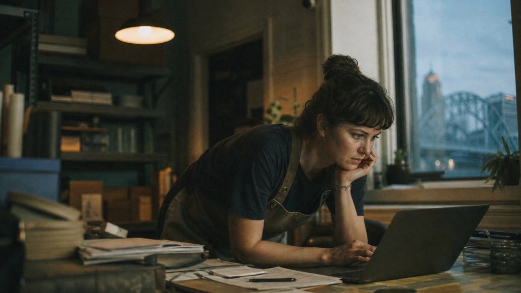 A small-business owner in an apron leaning over a laptop on a cluttered back-office desk late in the day, photographed in Cincinnati
