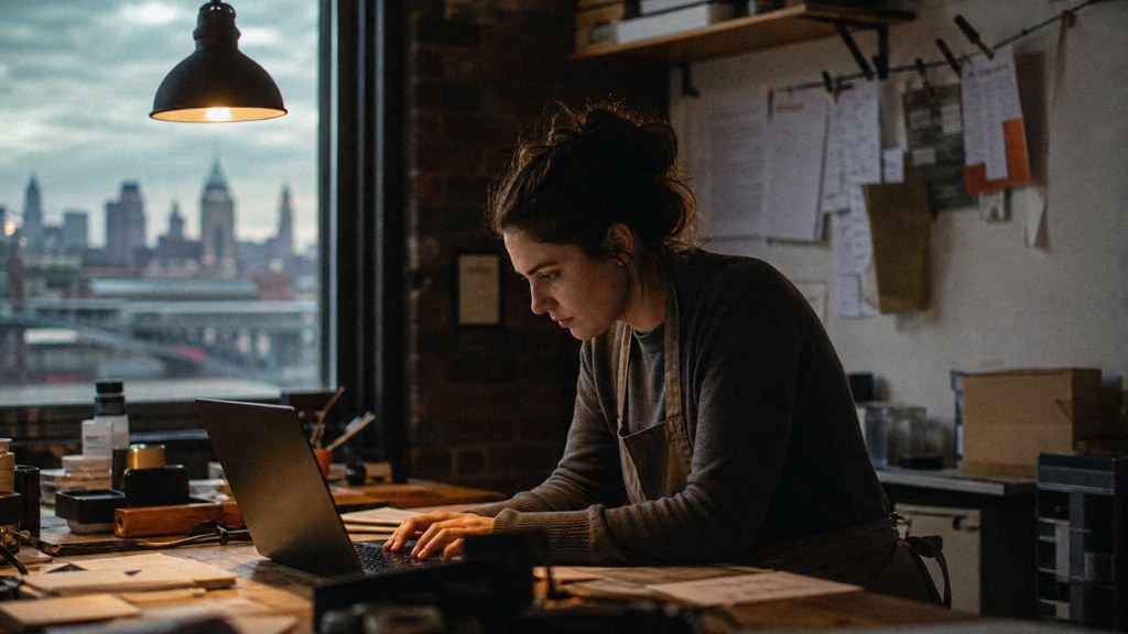 A small-business owner in an apron leaning over a laptop on a cluttered back-office desk late in the day, photographed in Cincinnati