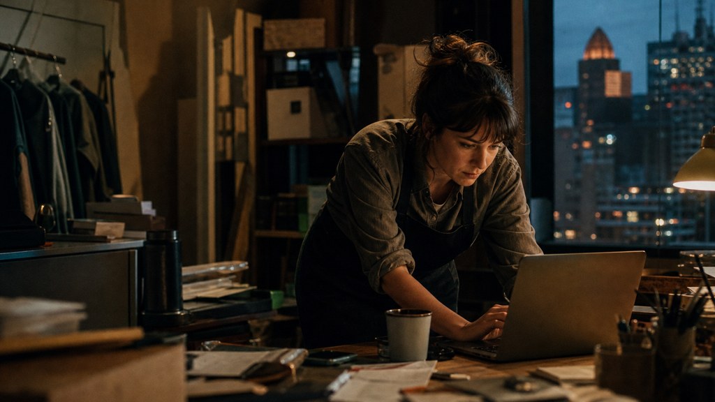 A small-business owner in an apron leaning over a laptop on a cluttered back-office desk late in the day, photographed in Cincinnati