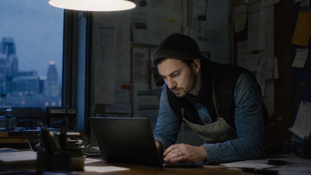 A small-business owner in an apron leaning over a laptop on a cluttered back-office desk late in the day, photographed in Cincinnati
