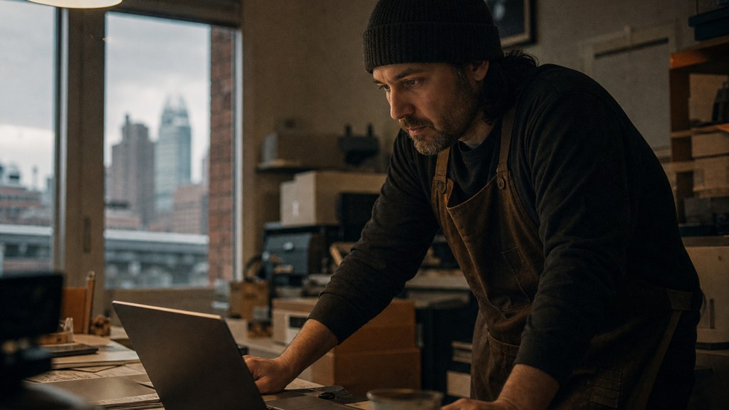 A small-business owner in an apron leaning over a laptop on a cluttered back-office desk late in the day, photographed in Cincinnati