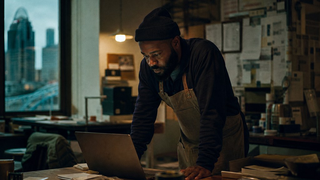 A small-business owner in an apron leaning over a laptop on a cluttered back-office desk late in the day, photographed in Cincinnati