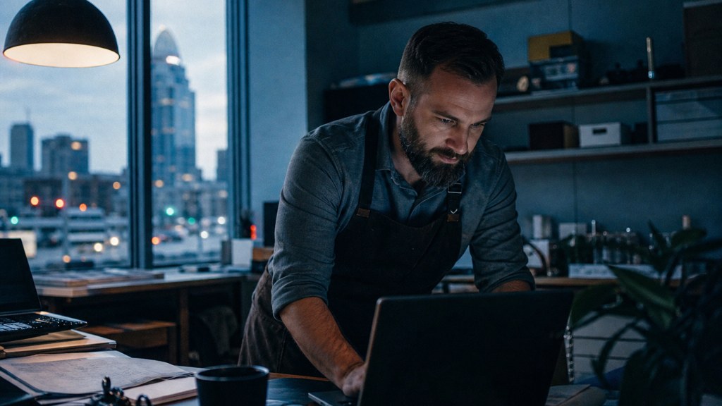 A small-business owner in an apron leaning over a laptop on a cluttered back-office desk late in the day, photographed in Cincinnati