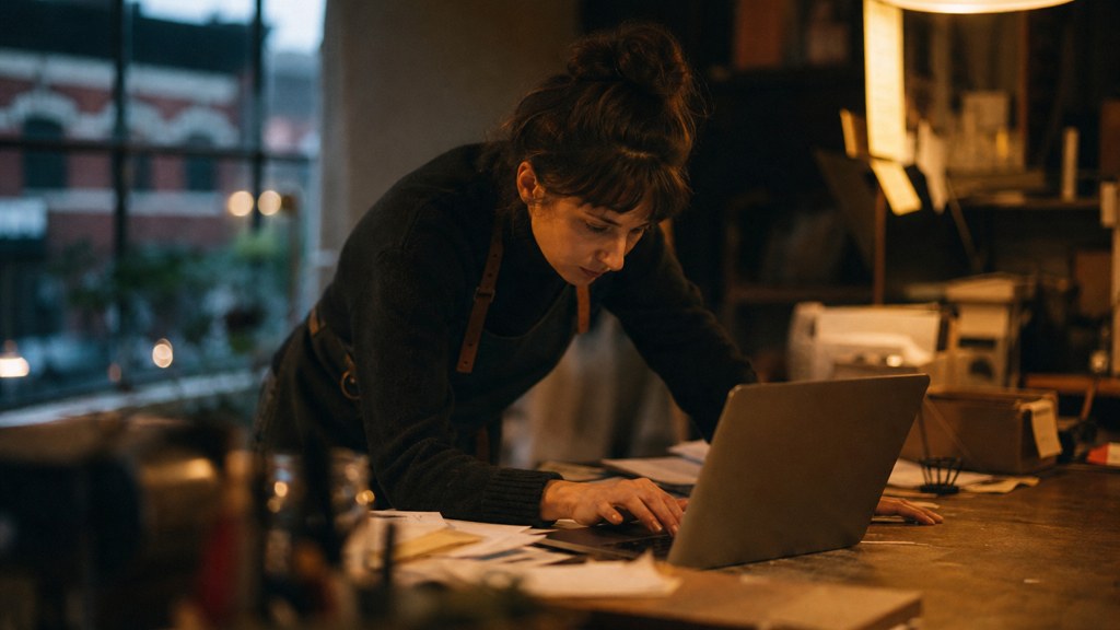 A small-business owner in an apron leaning over a laptop on a cluttered back-office desk late in the day, photographed in Cincinnati