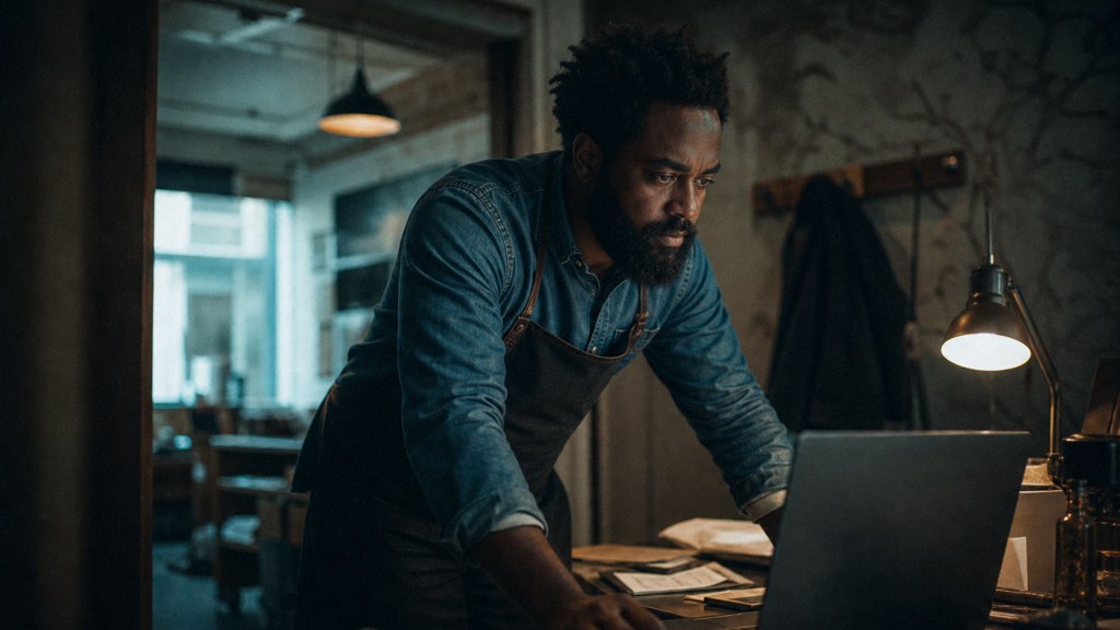 A small-business owner in an apron leaning over a laptop on a cluttered back-office desk late in the day, photographed in Cincinnati