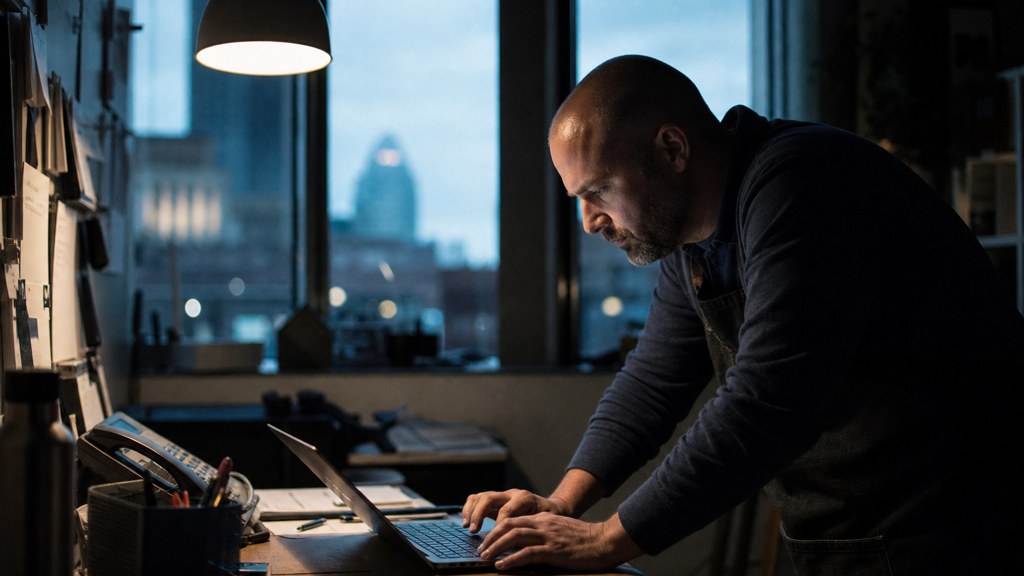 A small-business owner in an apron leaning over a laptop on a cluttered back-office desk late in the day, photographed in Cincinnati