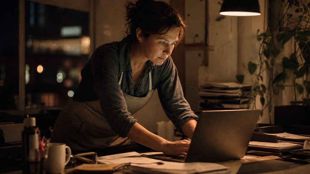 A small-business owner in an apron leaning over a laptop on a cluttered back-office desk late in the day, photographed in Cincinnati