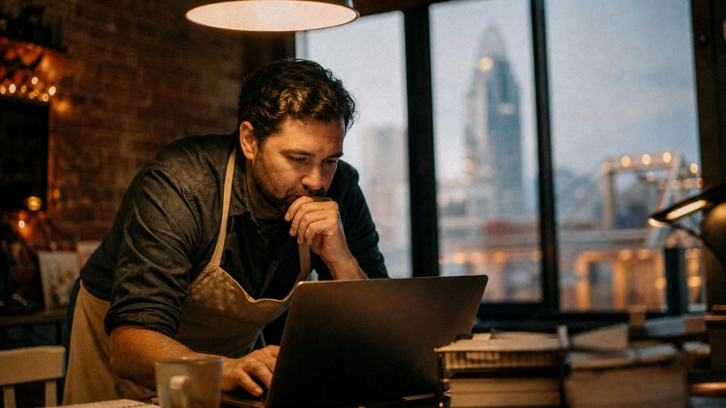 A small-business owner in an apron leaning over a laptop on a cluttered back-office desk late in the day, photographed in Cincinnati