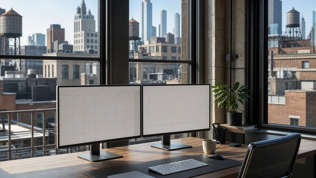 Photograph of an empty New York marketing agency workspace with desks, screens and daylight, used as the opening image for this comparison of New York social media management agencies