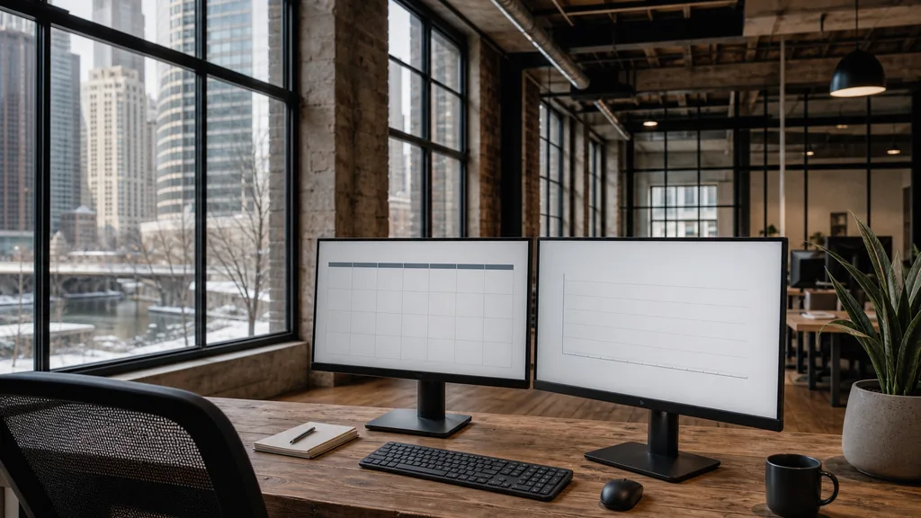 Photograph of an empty Chicago marketing agency workspace with desks, screens and daylight, used as the opening image for this comparison of Chicago social media management agencies