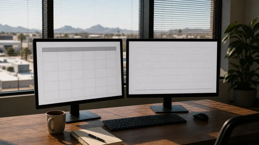 Photograph of an empty Phoenix marketing agency workspace with desks, screens and daylight, used as the opening image for this comparison of Phoenix social media management agencies