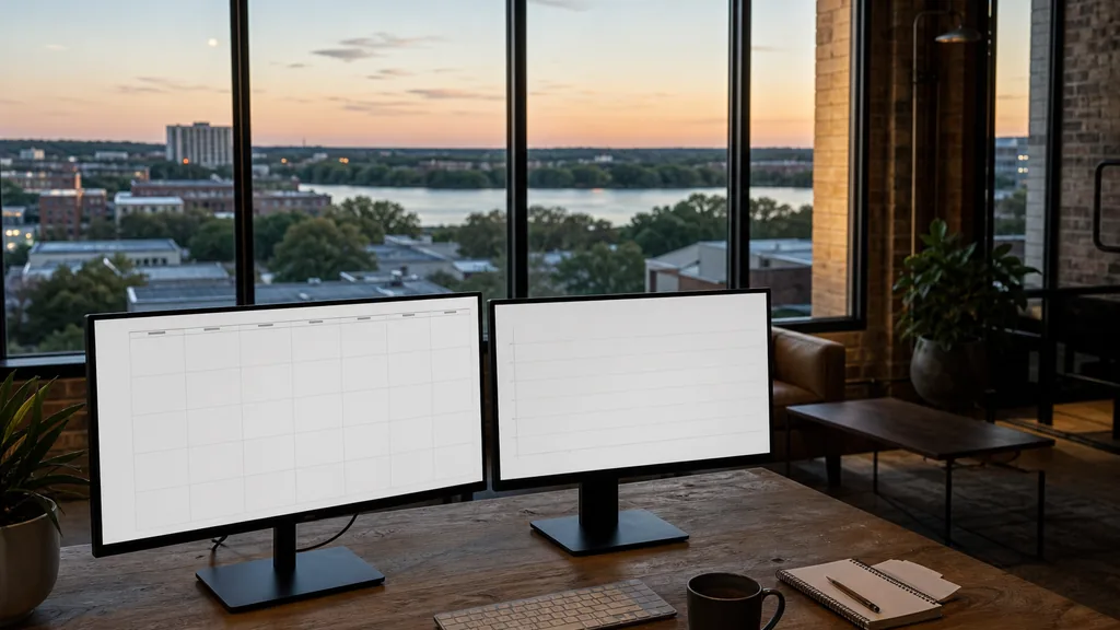 Photograph of an empty Austin marketing agency workspace with desks, screens and daylight, used as the opening image for this comparison of Austin social media management agencies
