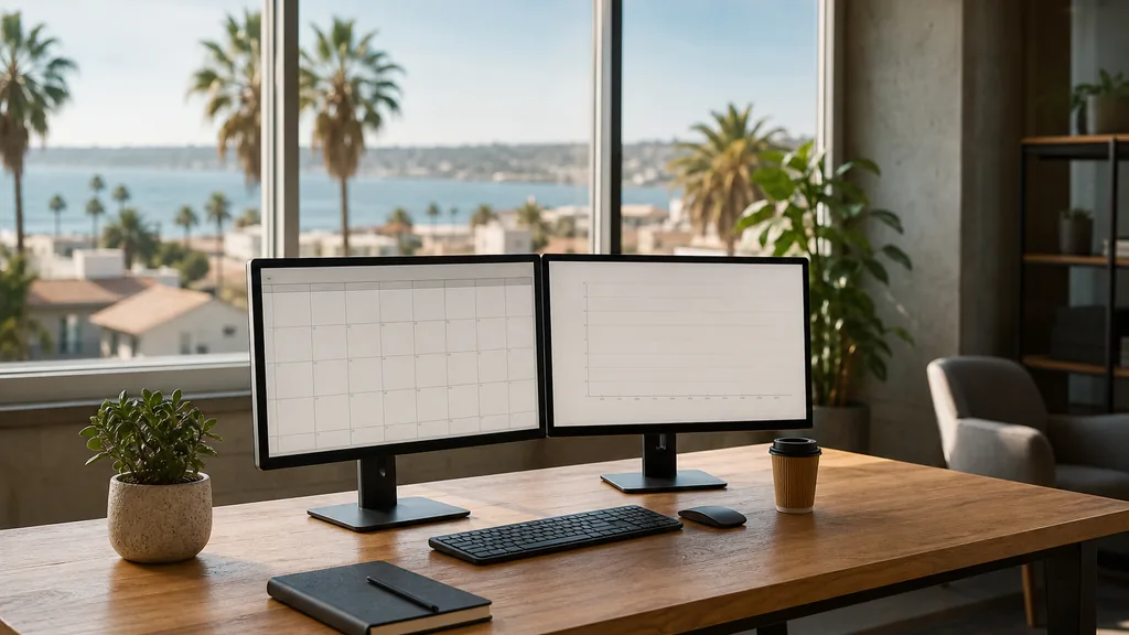 Photograph of an empty San Diego marketing agency workspace with desks, screens and daylight, used as the opening image for this comparison of San Diego social media management agencies
