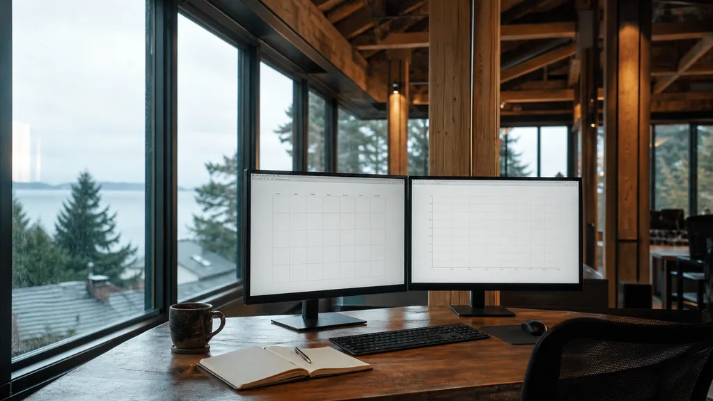 Editorial photograph of a Seattle waterfront office, evergreen hills and soft rainy grey light through wide windows