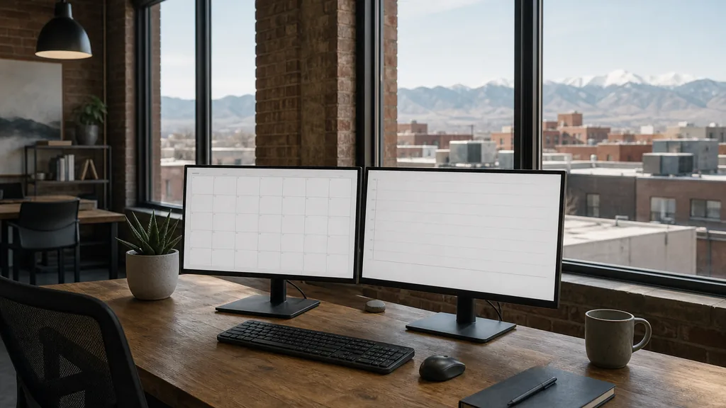 Photograph of an empty Denver marketing agency workspace with desks, screens and daylight, used as the opening image for this comparison of Denver social media management agencies