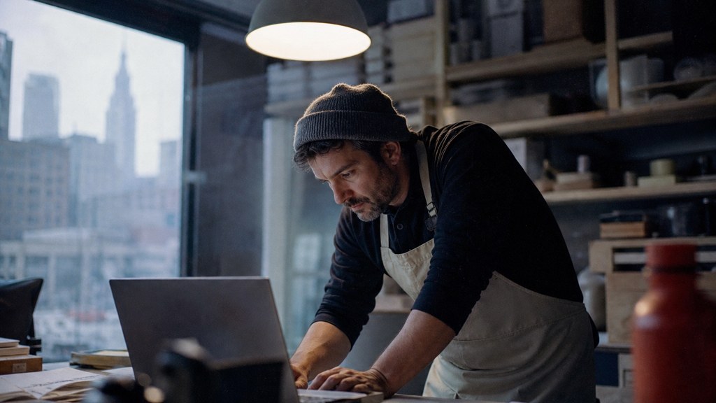 A small-business owner in an apron leaning over a laptop on a cluttered back-office desk late in the day, photographed in Cleveland