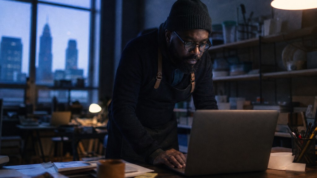 A small-business owner in an apron leaning over a laptop on a cluttered back-office desk late in the day, photographed in Cleveland