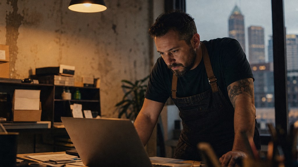 A small-business owner in an apron leaning over a laptop on a cluttered back-office desk late in the day, photographed in Cleveland