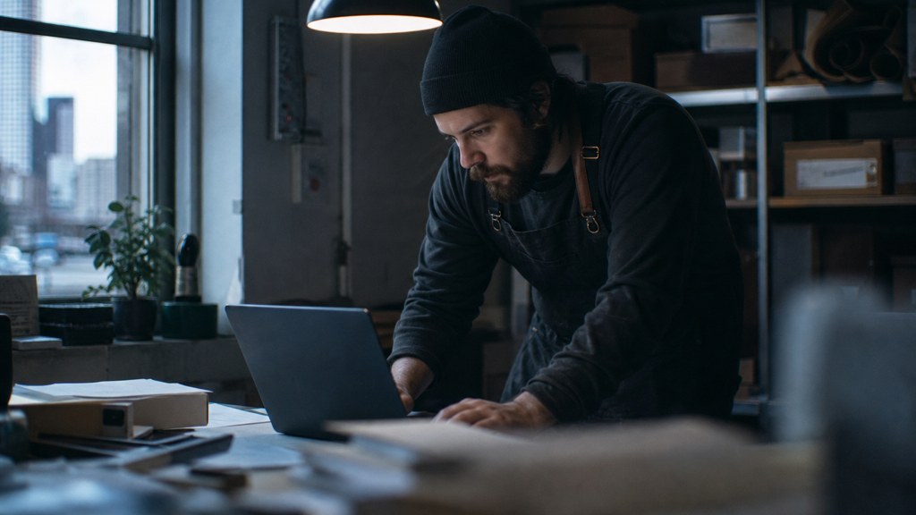 A small-business owner in an apron leaning over a laptop on a cluttered back-office desk late in the day, photographed in Cleveland