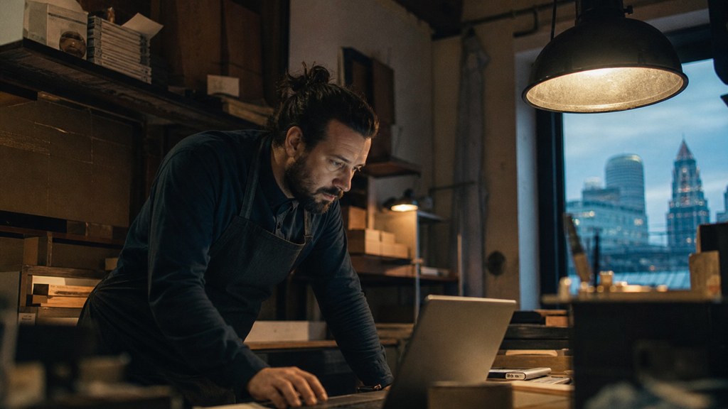 A small-business owner in an apron leaning over a laptop on a cluttered back-office desk late in the day, photographed in Cleveland