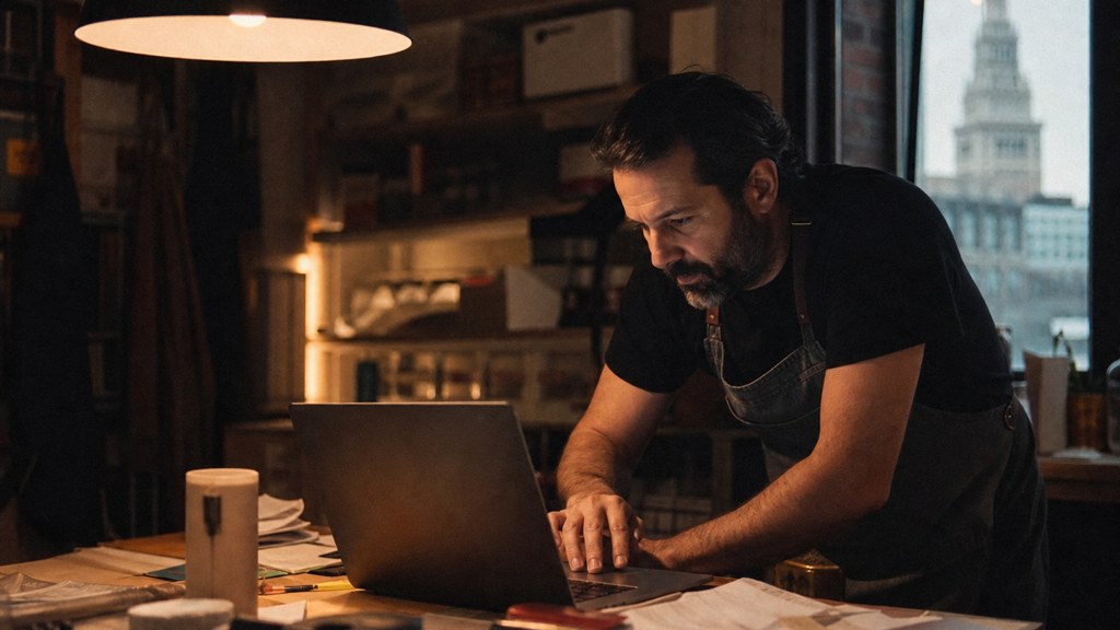 A small-business owner in an apron leaning over a laptop on a cluttered back-office desk late in the day, photographed in Cleveland