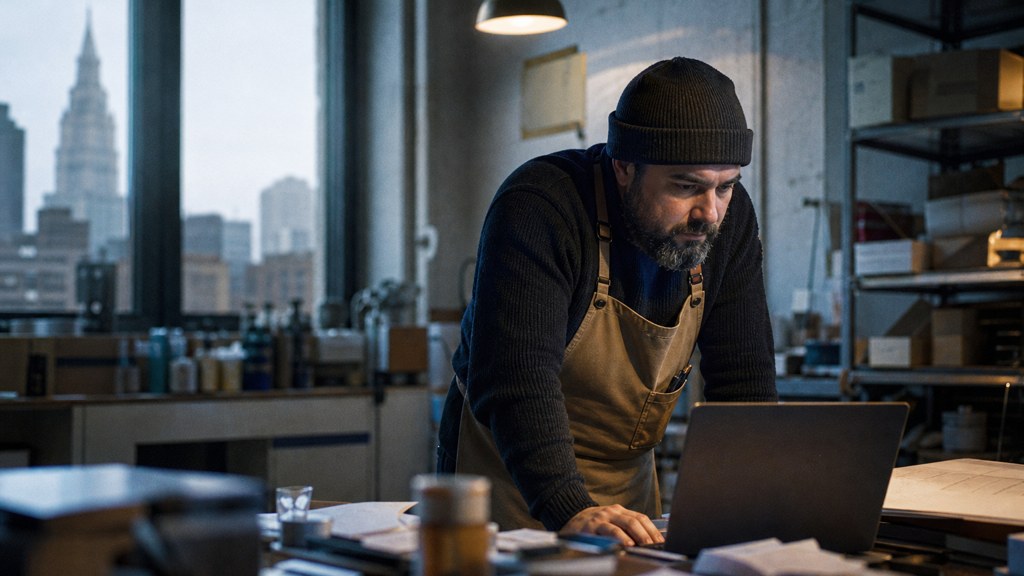 A small-business owner in an apron leaning over a laptop on a cluttered back-office desk late in the day, photographed in Cleveland