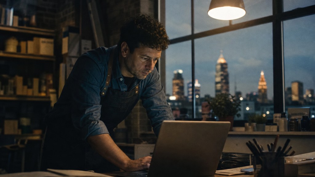 A small-business owner in an apron leaning over a laptop on a cluttered back-office desk late in the day, photographed in Cleveland