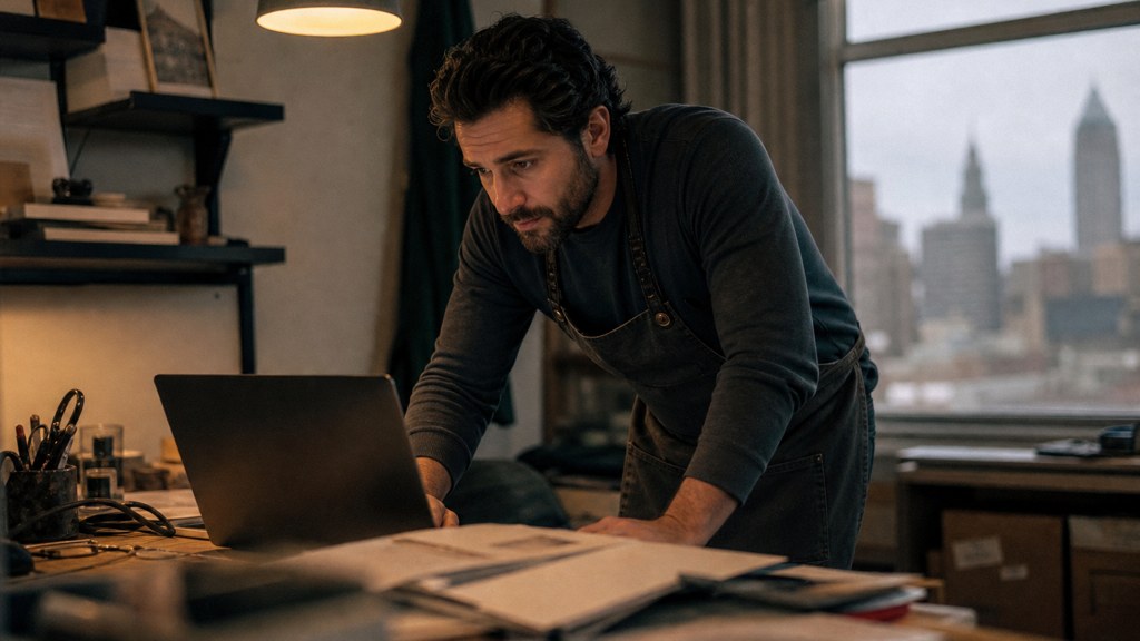 A small-business owner in an apron leaning over a laptop on a cluttered back-office desk late in the day, photographed in Cleveland
