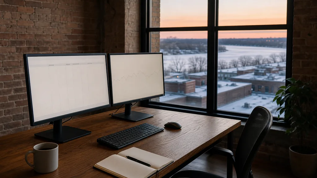 Editorial photograph of an empty marketing agency workspace in a Minneapolis loft office with tall windows onto low rooftops, a wide frozen river and bare trees at dusk