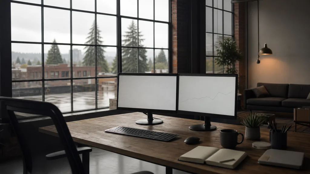 Editorial photograph of an empty marketing agency workspace in a Portland warehouse conversion with steel-framed windows onto low rooftops, tall firs and soft rain light