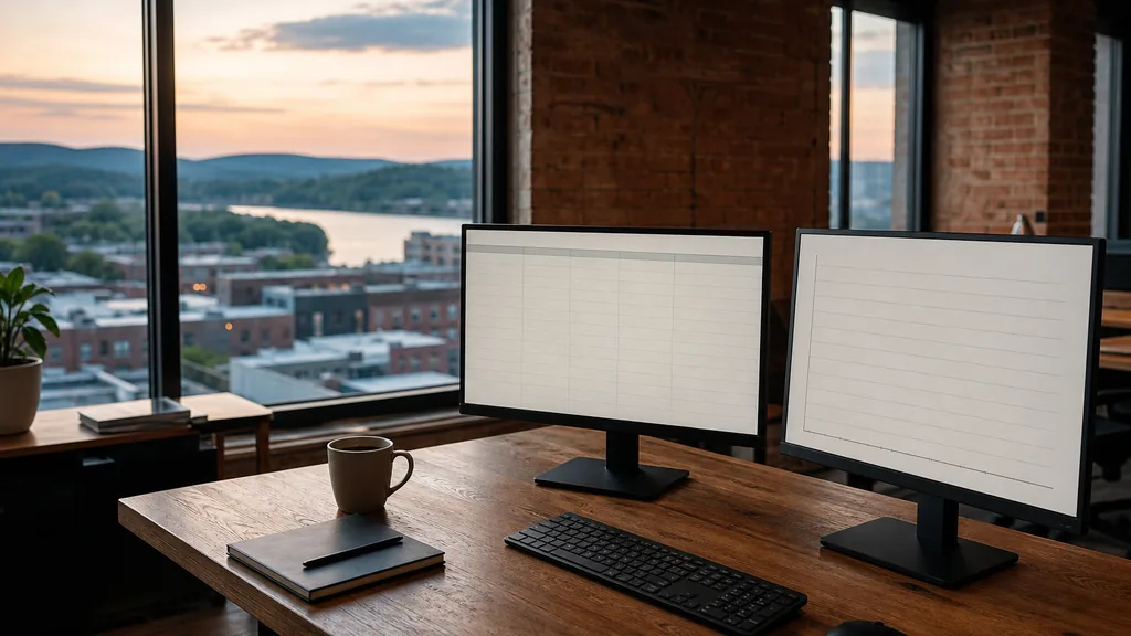 Editorial photograph of an empty marketing agency workspace in a Nashville brick low-rise office with wide windows onto low rooftops, a river bend and rolling hills at dusk