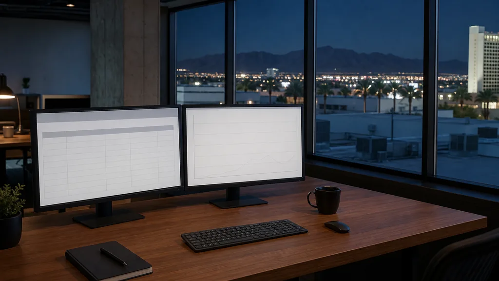 Editorial photograph of an empty marketing agency workspace in a Las Vegas mid-rise office with wide windows onto flat rooftops and distant desert ridges at night