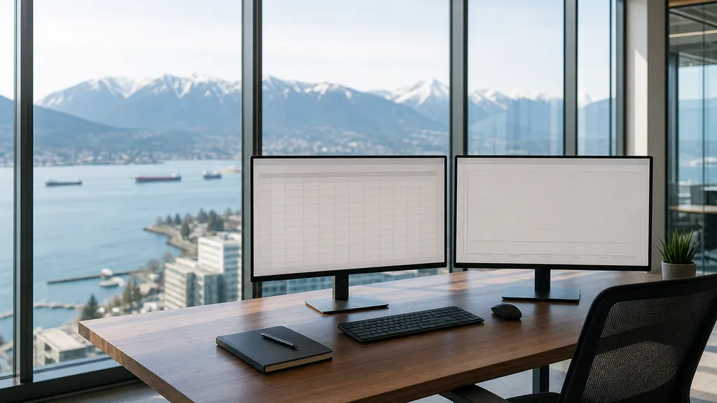 Editorial photograph of an empty marketing agency workspace in a Vancouver glass tower with floor to ceiling windows onto harbour water and snow-topped mountains