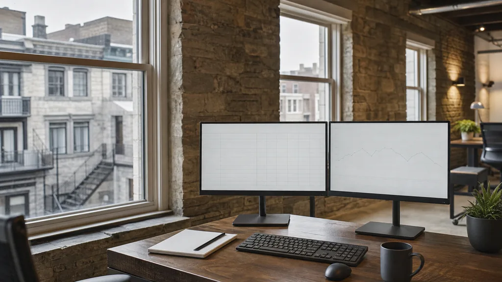 Editorial photograph of an empty marketing agency workspace in a Montreal stone building with sash windows onto stone rowhouses, iron staircases and low rooftops