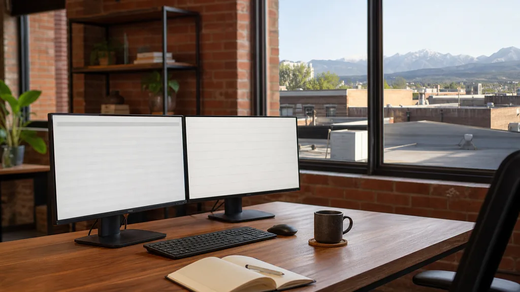 Editorial photograph of an empty marketing agency workspace in a Calgary brick low-rise office with wide windows onto flat rooftops and distant foothills in clear light