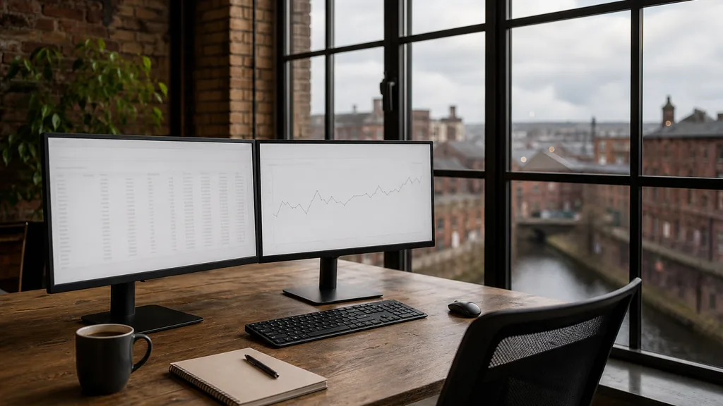 Editorial photograph of an empty marketing agency workspace in a Manchester converted mill with tall industrial windows onto brick rooftops, canal water and low cloud