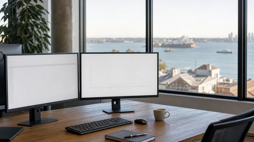 Editorial photograph of an empty marketing agency workspace in a Sydney studio with wide windows onto harbour water, low rooftops and bright coastal haze
