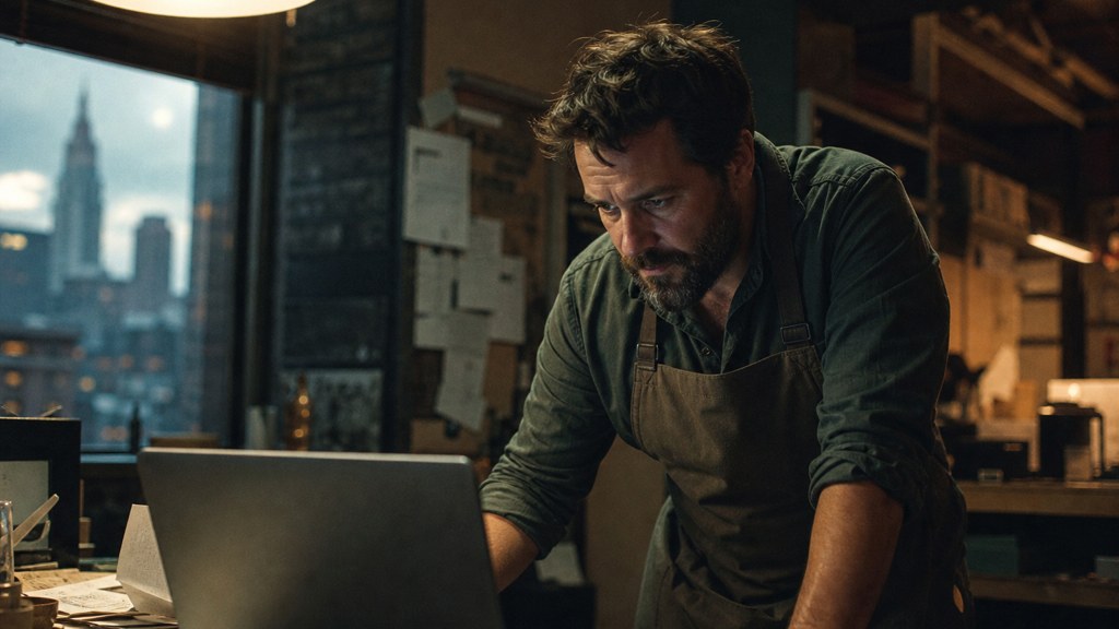A small-business owner in an apron leaning over a laptop on a cluttered back-office desk late in the day, photographed in Cleveland