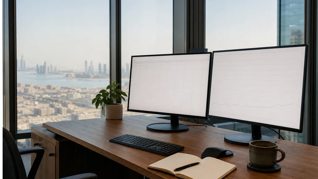 Editorial photograph of an empty marketing agency workspace in a Dubai high-rise with floor to ceiling windows onto low rooftops, desert haze and distant water