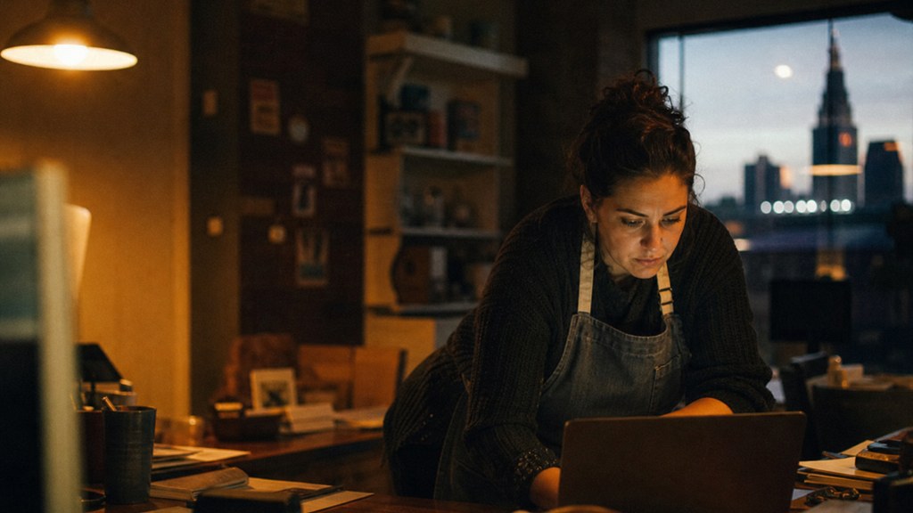 A small-business owner in an apron leaning over a laptop on a cluttered back-office desk late in the day, photographed in Cleveland