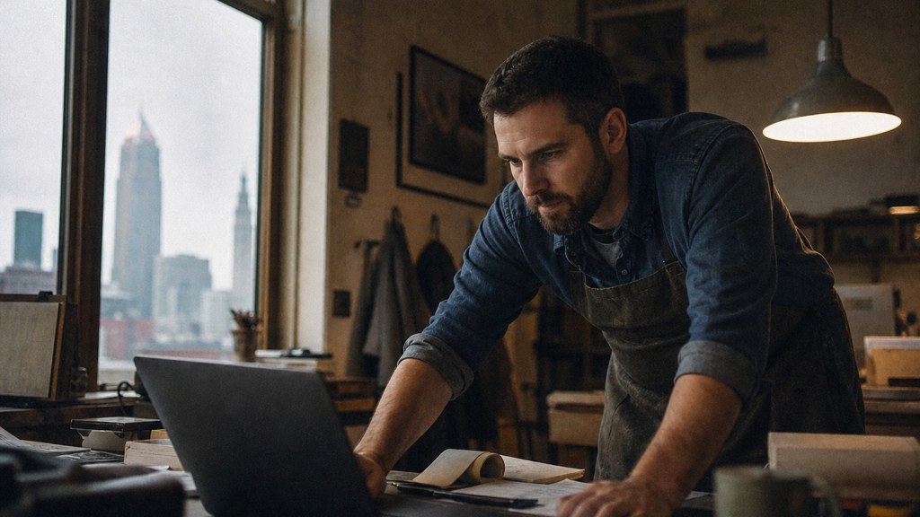A small-business owner in an apron leaning over a laptop on a cluttered back-office desk late in the day, photographed in Cleveland