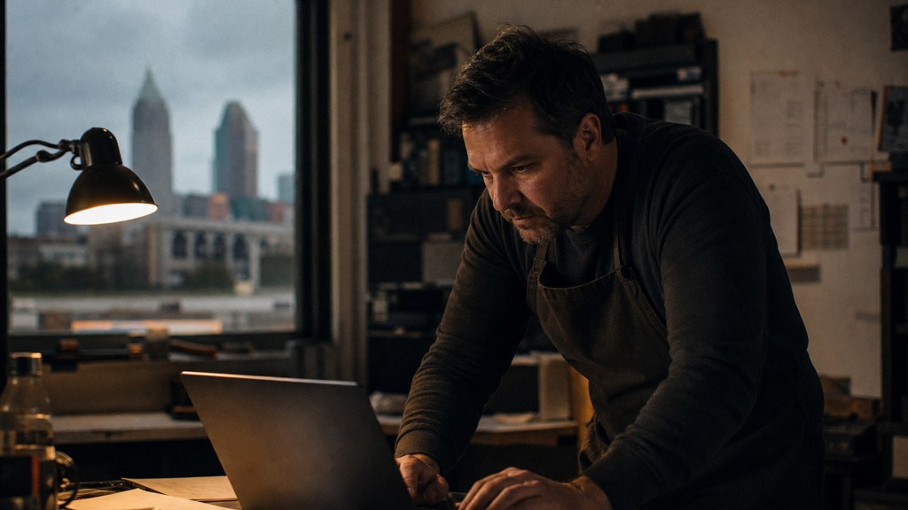 A small-business owner in an apron leaning over a laptop on a cluttered back-office desk late in the day, photographed in Cleveland
