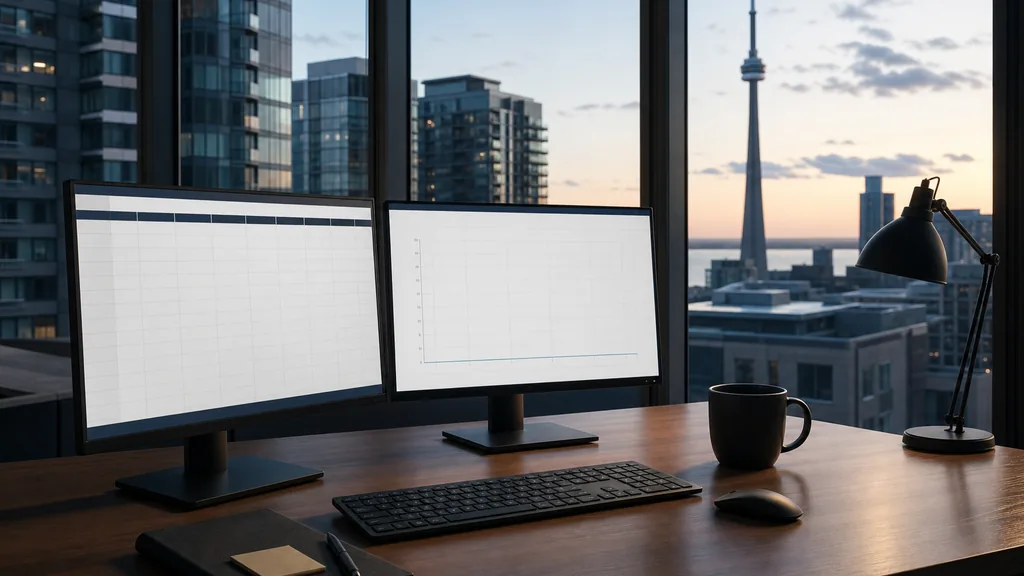 Editorial photograph of an empty marketing agency workspace in a Toronto glass tower with wide windows onto lake water, low rooftops and a tall tower silhouette at dusk