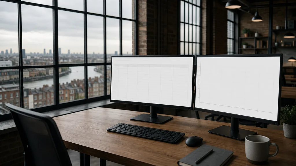 Editorial photograph of an empty marketing agency workspace in a London converted warehouse with steel-framed windows onto terraced rooftops, a river bend and low cloud