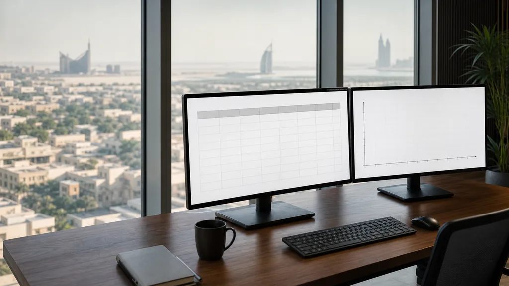 Editorial photograph of an empty marketing agency workspace in a Dubai high-rise with floor to ceiling windows onto low rooftops, desert haze and distant water