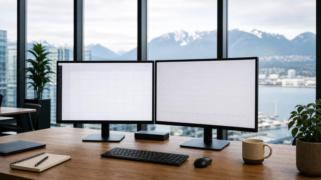 Editorial photograph of an empty marketing agency workspace in a Vancouver glass tower with floor to ceiling windows onto harbour water and snow-topped mountains
