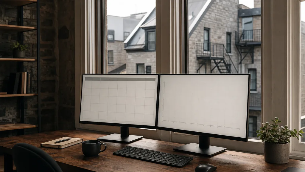 Editorial photograph of an empty marketing agency workspace in a Montreal stone building with sash windows onto stone rowhouses, iron staircases and low rooftops
