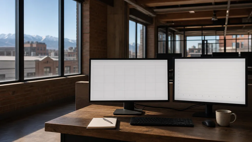 Editorial photograph of an empty marketing agency workspace in a Calgary brick low-rise office with wide windows onto flat rooftops and distant foothills in clear light